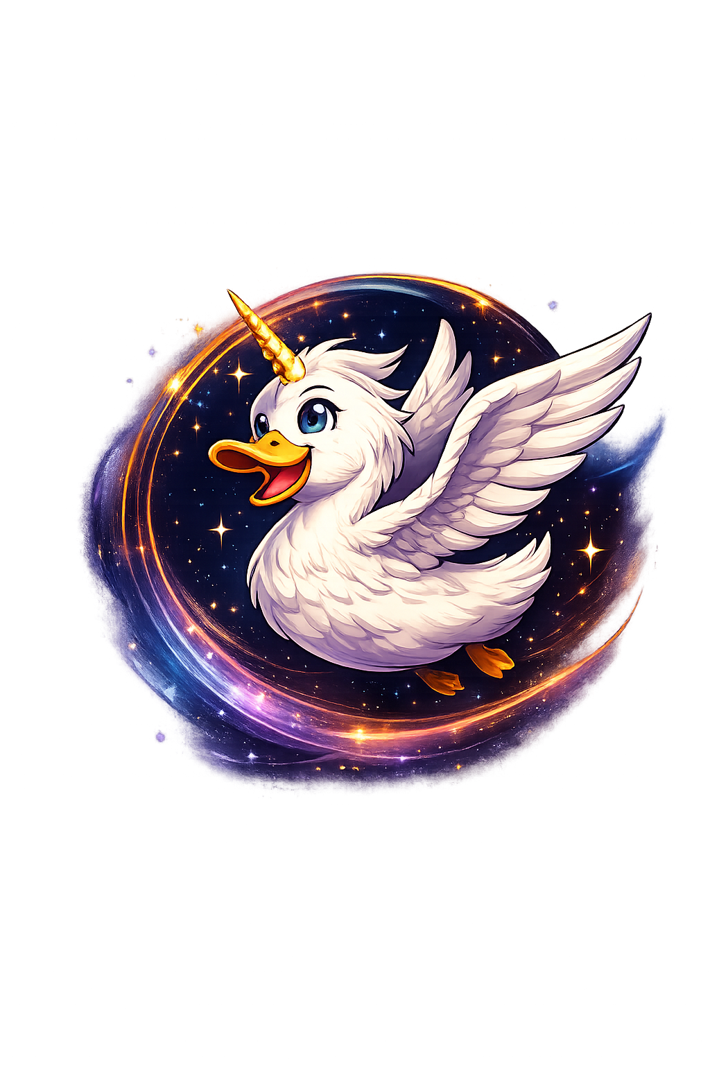 Aliduck mascot — a winged duck-unicorn soaring through a cosmic ring
